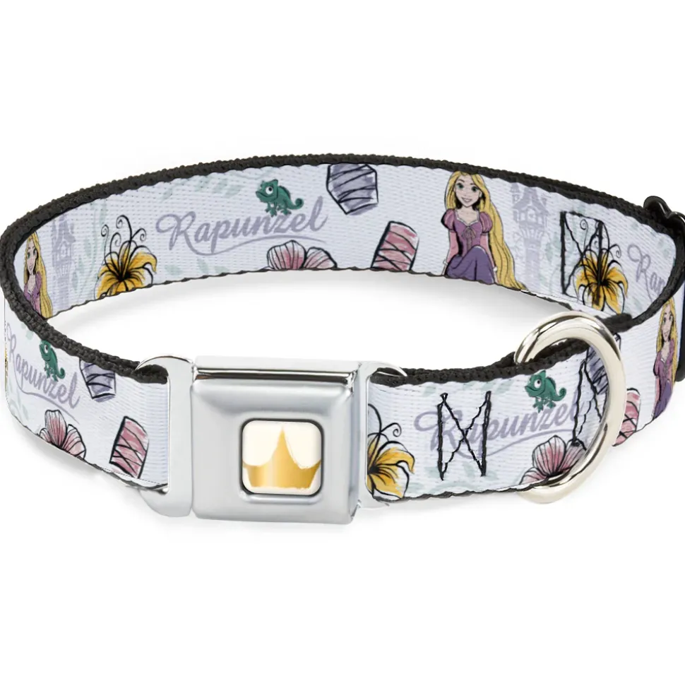 Disney Princess Crown Full Color Golds Seatbelt Buckle Collar - Rapunzel Castle and Pascual Pose with Script and Flowers White/Purples