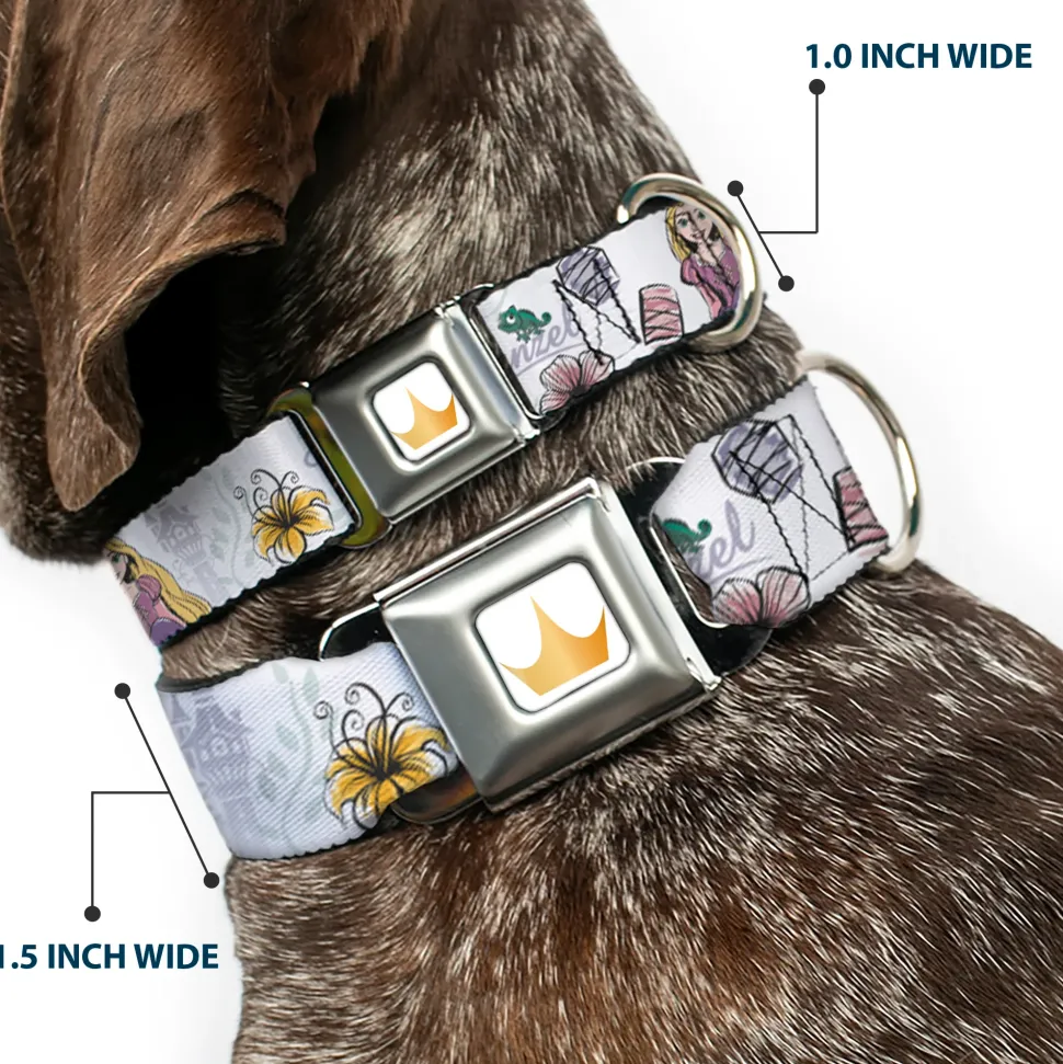 Disney Princess Crown Full Color Golds Seatbelt Buckle Collar - Rapunzel Castle and Pascual Pose with Script and Flowers White/Purples