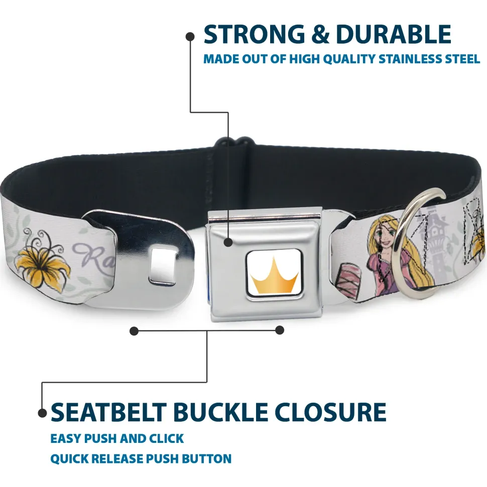 Disney Princess Crown Full Color Golds Seatbelt Buckle Collar - Rapunzel Castle and Pascual Pose with Script and Flowers White/Purples