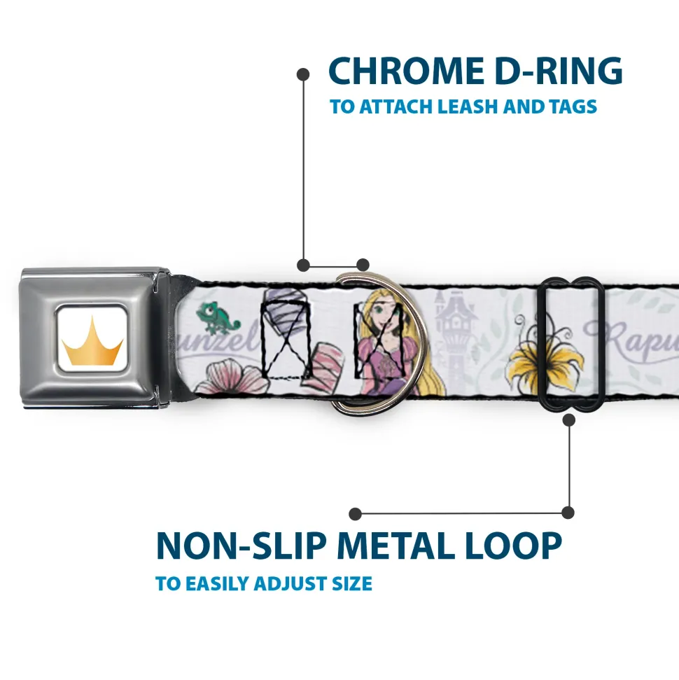 Disney Princess Crown Full Color Golds Seatbelt Buckle Collar - Rapunzel Castle and Pascual Pose with Script and Flowers White/Purples