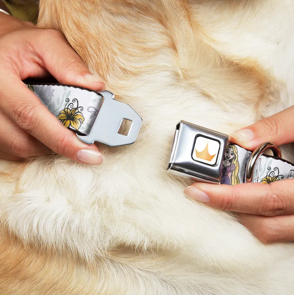 Disney Princess Crown Full Color Golds Seatbelt Buckle Collar - Rapunzel Castle and Pascual Pose with Script and Flowers White/Purples