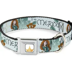 Disney Princess Crown Full Color Golds Seatbelt Buckle Collar - Brave Merida Castle and Three Bear Brothers Pose with Script Greens