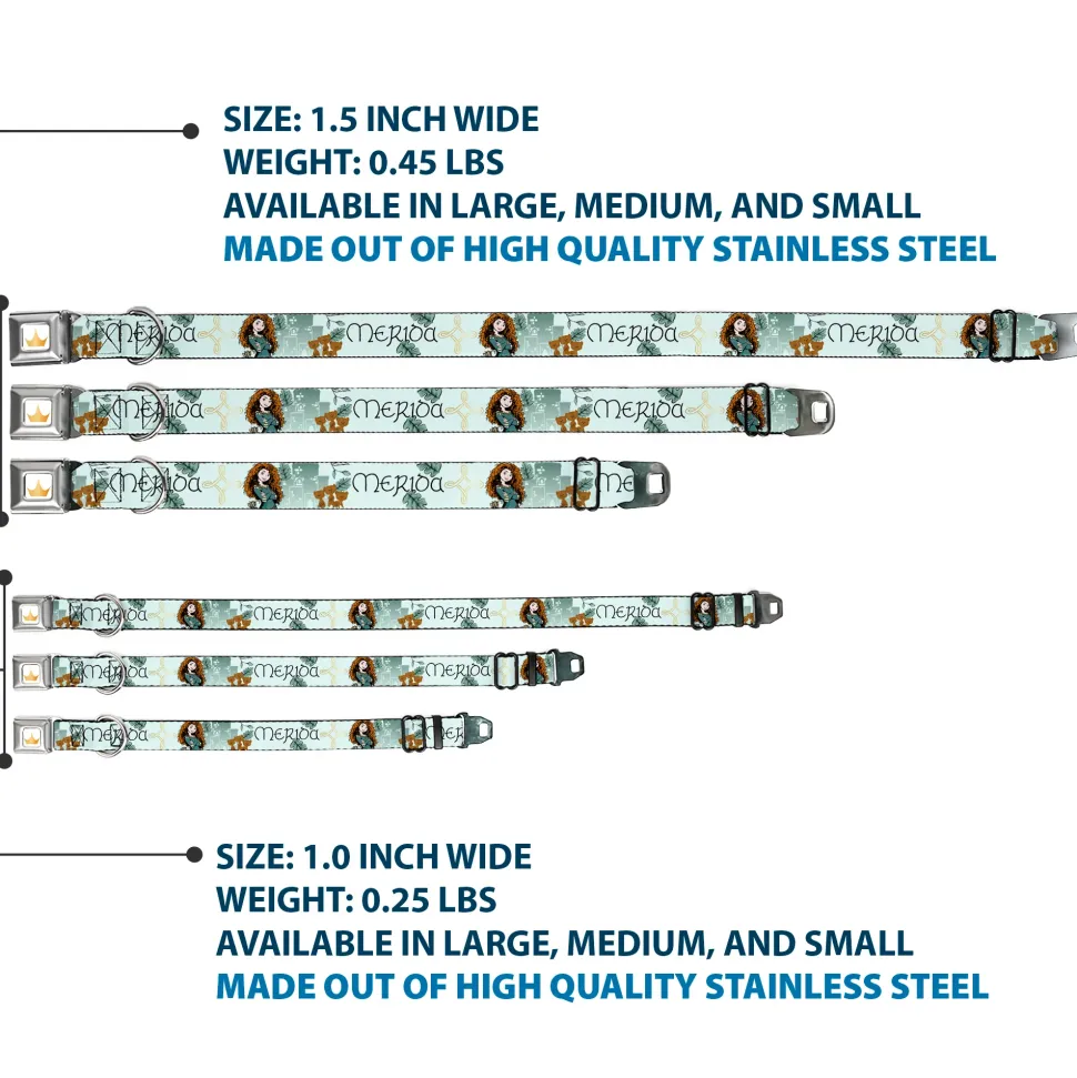 Disney Princess Crown Full Color Golds Seatbelt Buckle Collar - Brave Merida Castle and Three Bear Brothers Pose with Script Greens