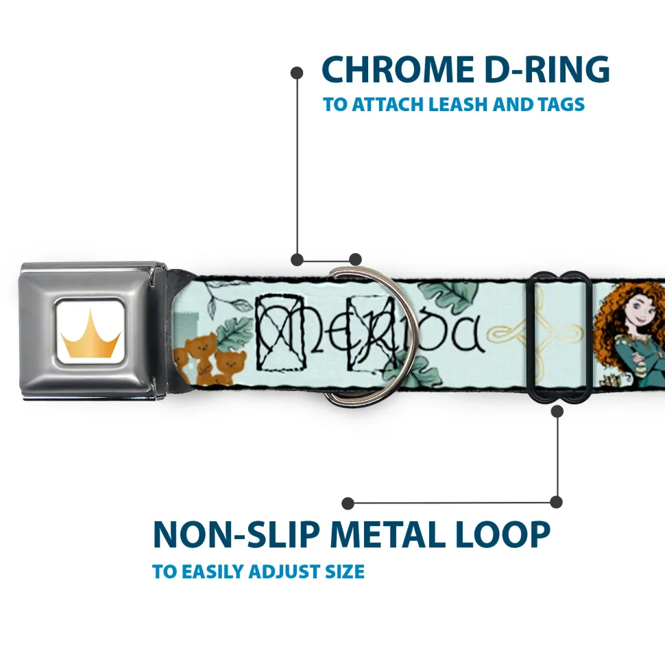 Disney Princess Crown Full Color Golds Seatbelt Buckle Collar - Brave Merida Castle and Three Bear Brothers Pose with Script Greens