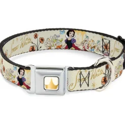 Disney Princess Crown Full Color Golds Seatbelt Buckle Collar - Snow White and the Seven Dwarfs with Script and Flowers Yellows