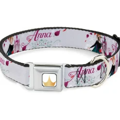 Disney Princess Crown Full Color Golds Seatbelt Buckle Collar - Frozen Anna Castle Pose with Flowers and Script Grays/Pinks