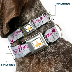 Disney Princess Crown Full Color Golds Seatbelt Buckle Collar - Frozen Anna Castle Pose with Flowers and Script Grays/Pinks