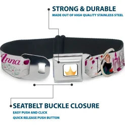 Disney Princess Crown Full Color Golds Seatbelt Buckle Collar - Frozen Anna Castle Pose with Flowers and Script Grays/Pinks