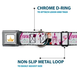 Disney Princess Crown Full Color Golds Seatbelt Buckle Collar - Frozen Anna Castle Pose with Flowers and Script Grays/Pinks