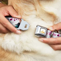 Disney Princess Crown Full Color Golds Seatbelt Buckle Collar - Frozen Anna Castle Pose with Flowers and Script Grays/Pinks