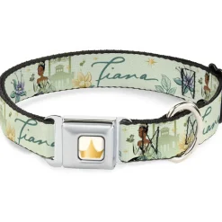 Disney Princess Crown Full Color Golds Seatbelt Buckle Collar - The Princess and the Frog Tiana Palace Pose with Script and Flowers Greens