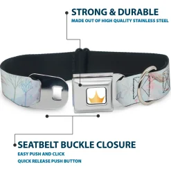 Disney Princess Crown Full Color Golds Seatbelt Buckle Collar - Frozen Elsa Snowflake Pose with Trees and Script Blues/Purples
