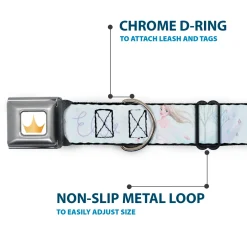 Disney Princess Crown Full Color Golds Seatbelt Buckle Collar - Frozen Elsa Snowflake Pose with Trees and Script Blues/Purples