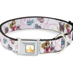 Disney Princess Crown Full Color Golds Seatbelt Buckle Collar - Sleeping Beauty Aurora Castle and Fairy Godmothers Pose with Script and Flowers White/Pinks