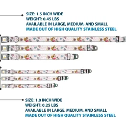 Disney Princess Crown Full Color Golds Seatbelt Buckle Collar - Sleeping Beauty Aurora Castle and Fairy Godmothers Pose with Script and Flowers White/Pinks