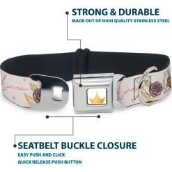 Disney Princess Crown Full Color Golds Seatbelt Buckle Collar - Sleeping Beauty Aurora Castle and Fairy Godmothers Pose with Script and Flowers White/Pinks