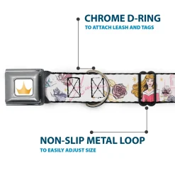 Disney Princess Crown Full Color Golds Seatbelt Buckle Collar - Sleeping Beauty Aurora Castle and Fairy Godmothers Pose with Script and Flowers White/Pinks