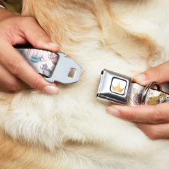 Disney Princess Crown Full Color Golds Seatbelt Buckle Collar - Sleeping Beauty Aurora Castle and Fairy Godmothers Pose with Script and Flowers White/Pinks