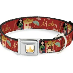 Disney Princess Crown Full Color Golds Seatbelt Buckle Collar - Mulan Gazebo Pose with Flowers and Script Red/Golds