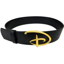 Disney Signature D Logo Gold Enamel Cast Buckle - Black PU Strap Belt