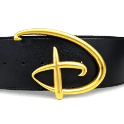 Disney Signature D Logo Gold Enamel Cast Buckle - Black PU Strap Belt