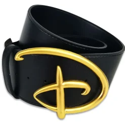 Disney Signature D Logo Gold Enamel Cast Buckle - Black PU Strap Belt
