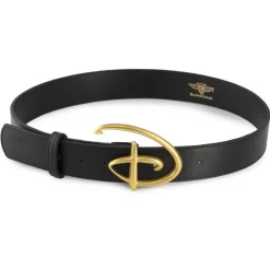 Disney Signature D Logo Gold Cast Buckle - 1.5 Inch Wide - Black PU Strap Belt