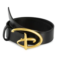 Disney Signature D Logo Gold Cast Buckle - 1.5 Inch Wide - Black PU Strap Belt
