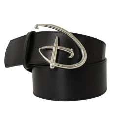 Disney Signature D Logo Silver Cast Buckle - Black PU Strap Belt