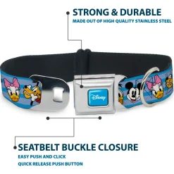 DISNEY Signature Full Color Blue/White Seatbelt Buckle Collar - Disney The Sensational Six Smiling Faces Stripe Blues