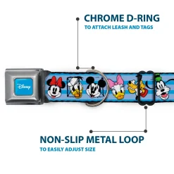 DISNEY Signature Full Color Blue/White Seatbelt Buckle Collar - Disney The Sensational Six Smiling Faces Stripe Blues