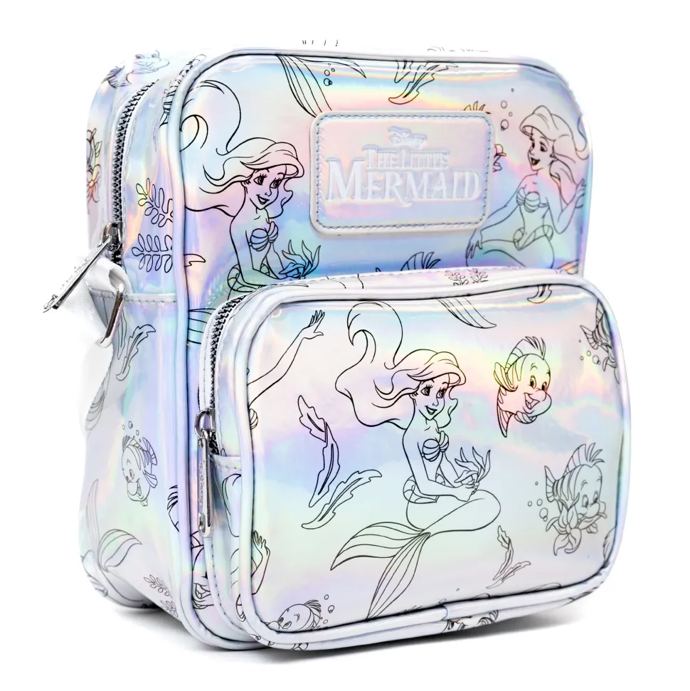 Disney Vegan Leather Cross Body Backpack with Adjustable Strap, The Little Mermaid Ariel and Flounder Poses Iridescent Holographic