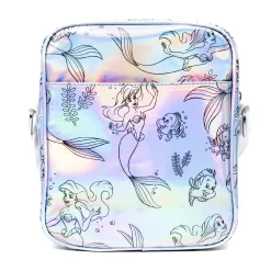 Disney Vegan Leather Cross Body Backpack with Adjustable Strap, The Little Mermaid Ariel and Flounder Poses Iridescent Holographic