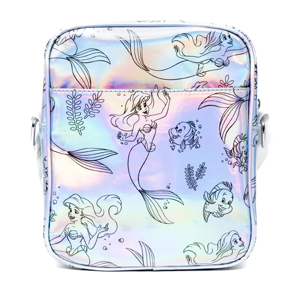 Disney Vegan Leather Cross Body Backpack with Adjustable Strap, The Little Mermaid Ariel and Flounder Poses Iridescent Holographic