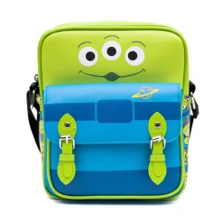 Disney Vegan Leather Crossbody Bag with Front Pocket, Toy Story Alien Bodice and Stacked Aliens Green Blue, 7.5" x 9"