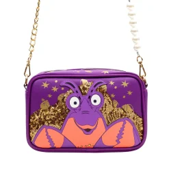 Disney Vegan Leather Crossbody bag with Adjustable Straps, Moana Tamatoa Character Close Up Pose Applique, Purple, 8.5" x 6.0"