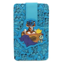 Disney Vegan Leather Wallet, ID Card Holder, Stitch Aladdin Dress Up Scene and Poses Scattered Blue
