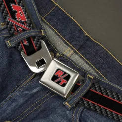 Dodge Challenger R T Emblem Full Color Black White Red Seatbelt Belt - Dodge Challenger R/T Emblem/Carbon Fiber Stripe Grays/Black/Red Webbing