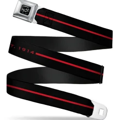 Dodge 100th Anniversary Logo Brushed Silver Black Seatbelt Belt - Dodge 100th Anniversary Logo/Stripe Black/Red Webbing
