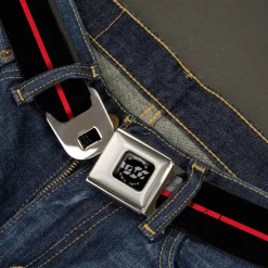 Dodge 100th Anniversary Logo Brushed Silver Black Seatbelt Belt - Dodge 100th Anniversary Logo/Stripe Black/Red Webbing