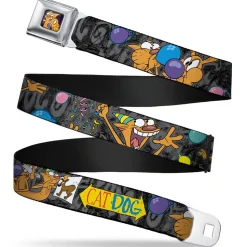 Dog & Cat Pose Full Color Seatbelt Belt - CatDog Party/Balloons/CATDOG Logo Gray/Black/Multi Color Webbing