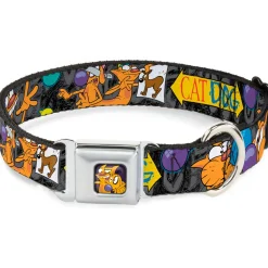 Dog & Cat Pose Full Color Seatbelt Buckle Collar - CatDog Party/Balloons/CATDOG Logo Gray/Black/Multi Color