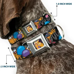 Dog & Cat Pose Full Color Seatbelt Buckle Collar - CatDog Party/Balloons/CATDOG Logo Gray/Black/Multi Color