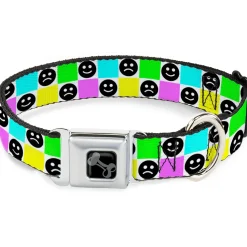 Dog Bone Black/Silver Seatbelt Buckle Collar - Smiley Sad Face Checker Multi Color/White