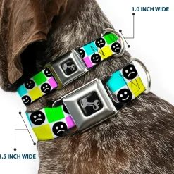 Dog Bone Black/Silver Seatbelt Buckle Collar - Smiley Sad Face Checker Multi Color/White