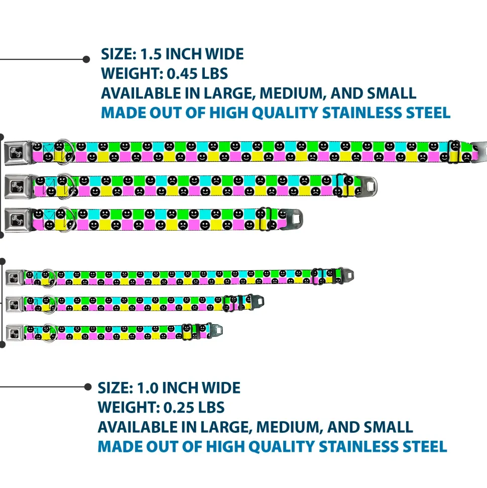 Dog Bone Black/Silver Seatbelt Buckle Collar - Smiley Sad Face Checker Multi Color/White
