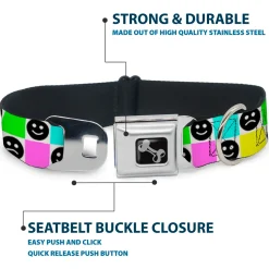 Dog Bone Black/Silver Seatbelt Buckle Collar - Smiley Sad Face Checker Multi Color/White
