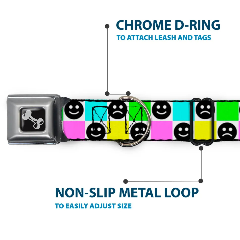 Dog Bone Black/Silver Seatbelt Buckle Collar - Smiley Sad Face Checker Multi Color/White