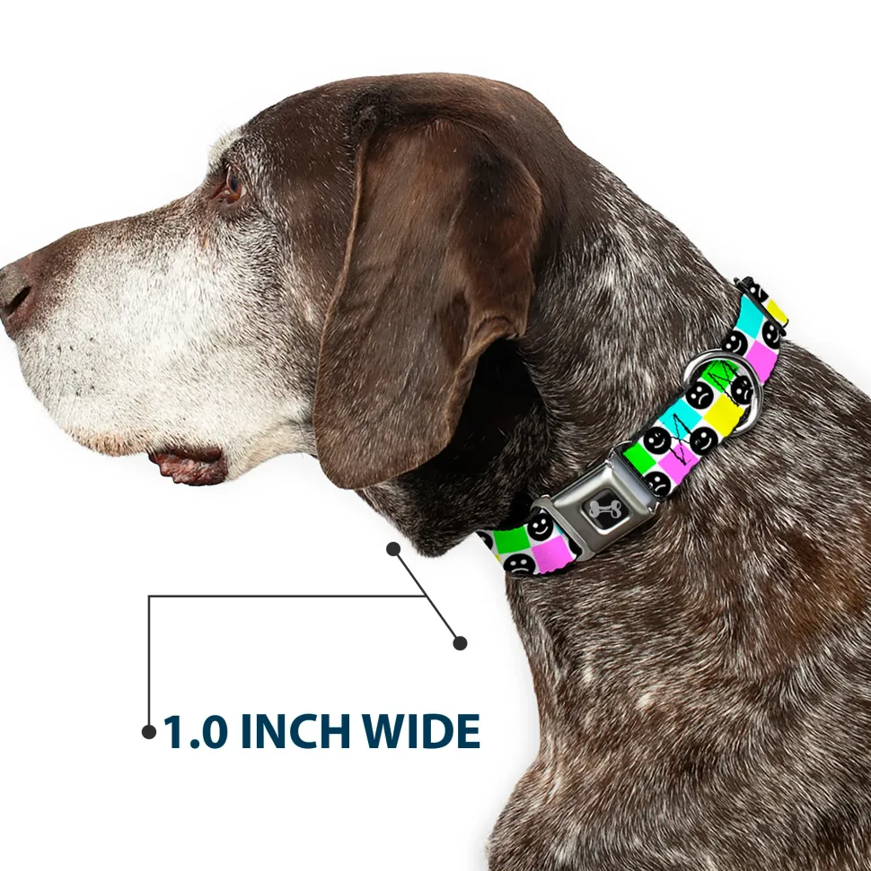 Dog Bone Black/Silver Seatbelt Buckle Collar - Smiley Sad Face Checker Multi Color/White