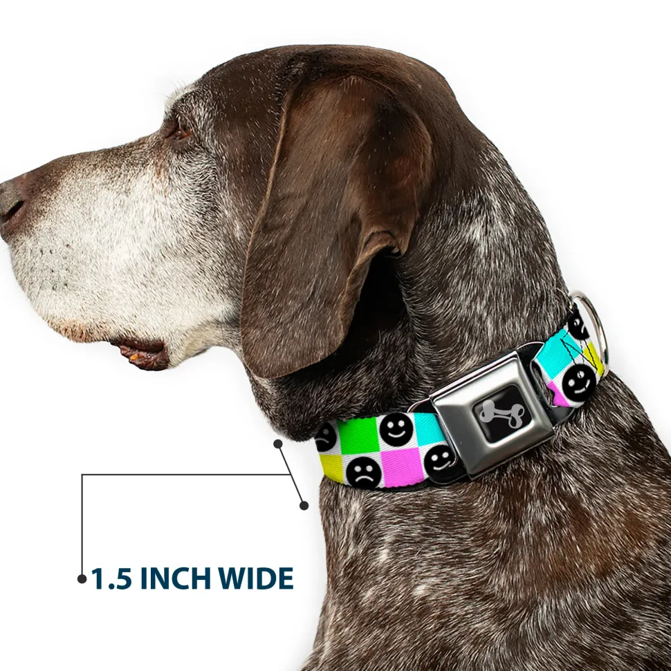 Dog Bone Black/Silver Seatbelt Buckle Collar - Smiley Sad Face Checker Multi Color/White